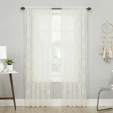 No. 918 Ariella Floral Lace Rod Pocket Curtain Panel, 58"x63", Ivory