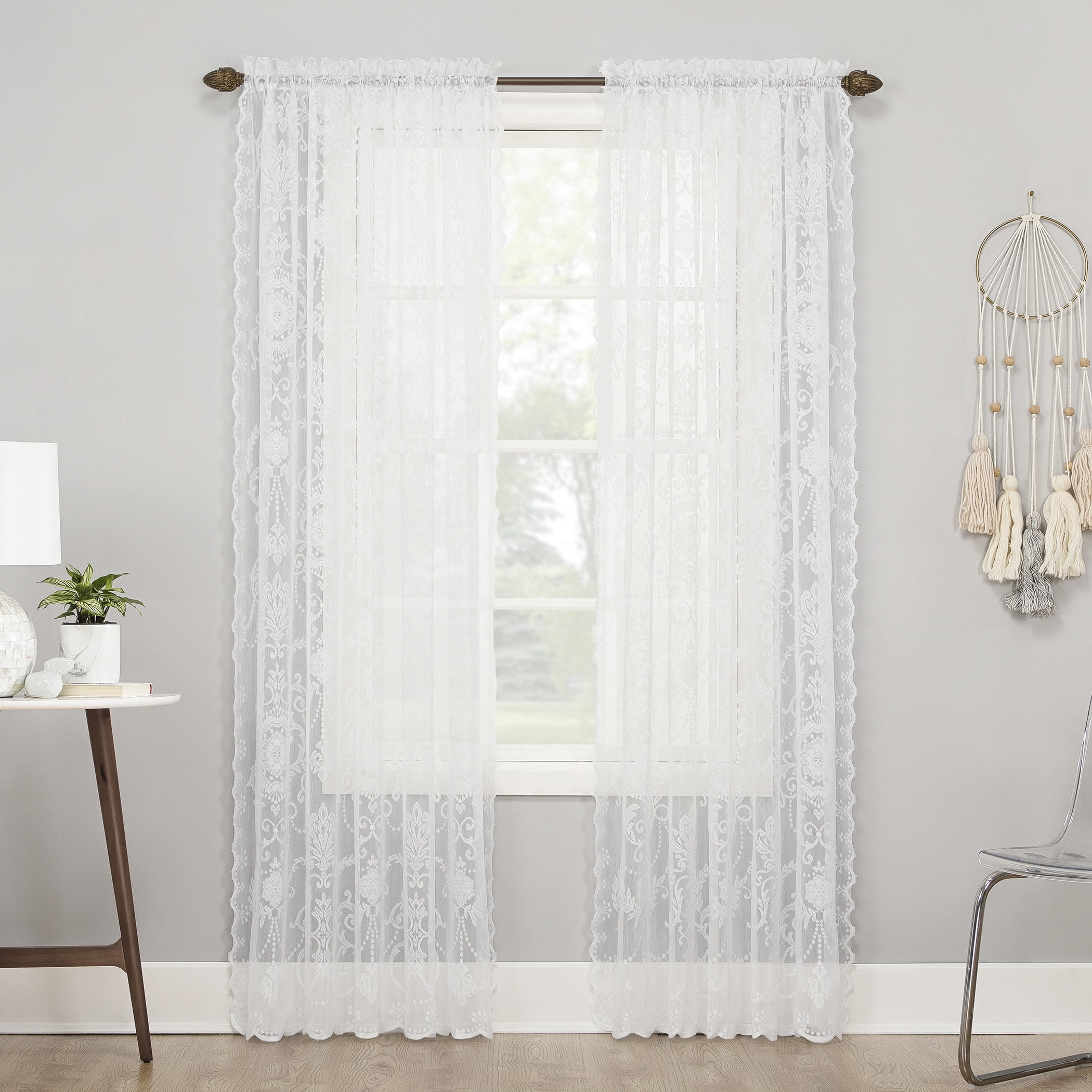 White Floral Lace Sheer Rod Pocket Curtain Panel