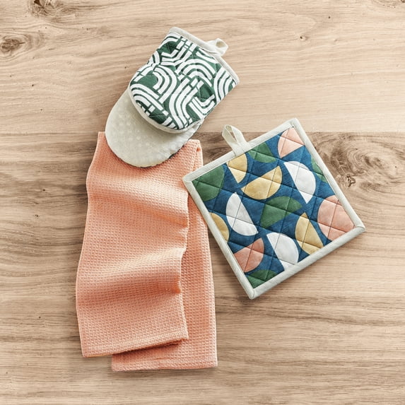 No. 918 Atlas 3-Piece Retro Geometric Mini Oven Mitt, Potholder, and Kitchen Towel Set, Multi
