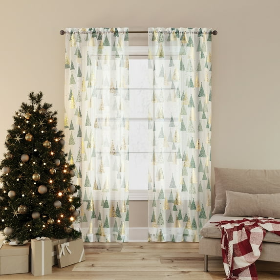 No. 918 Balsam 1-Piece Christmas Tree Sheer Rod Pocket Curtain Panel, 37"x84", Pine Green