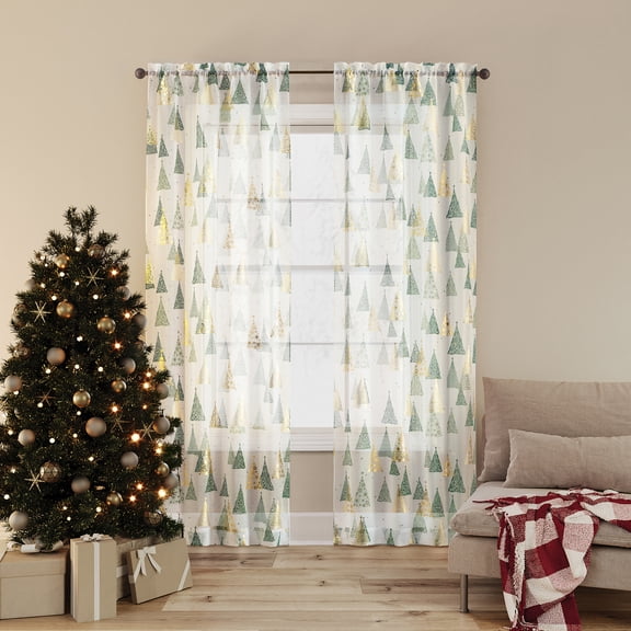 No. 918 Balsam 2-pack Christmas Tree Sheer Rod Pocket Curtain Panel Pair, Pine Green, 37"W x 84"L (2 Panels)