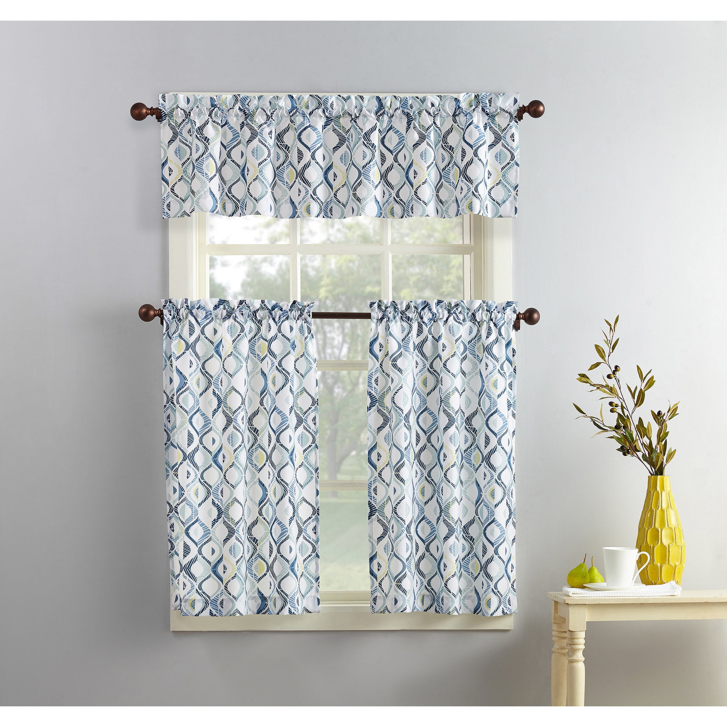 White Geometric Print Polyester Kitchen Curtain Valance and Tiers Set