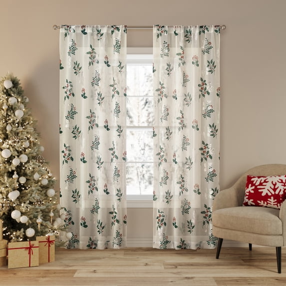 No. 918 Berry Creek 2-pack Christmas Sheer Rod Pocket Curtain Panel Pair, Pine, 37"W x 84"L (2 Panels)