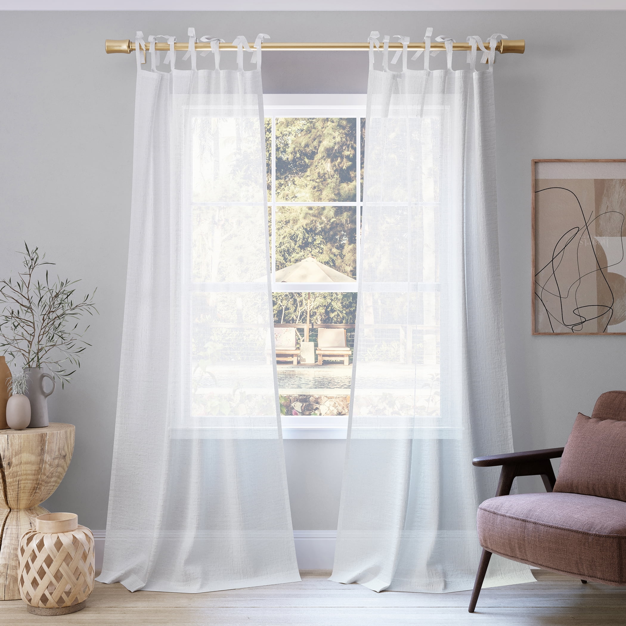 No. 918 Bethany Slub Textured Linen Blend Sheer Tie Top Curtain Panel, 50"x84", White