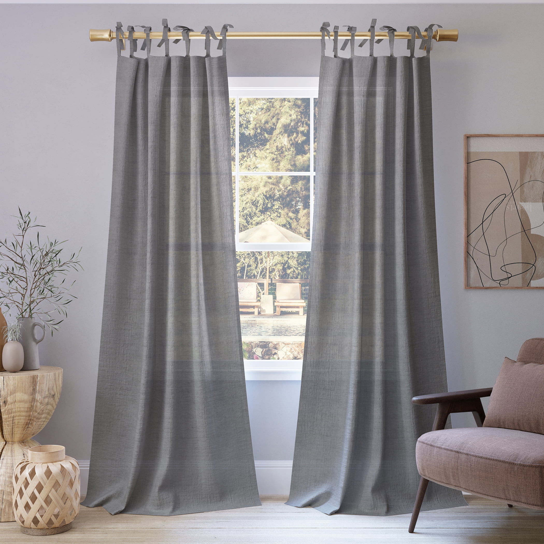 No. 918 Bethany Slub Textured Linen Blend Sheer Tie Top Curtain Panel, 50"x96", Gray