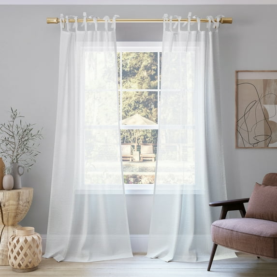 No. 918 Bethany Slub Textured Linen Blend Sheer Tie Top Curtain Panel, 50"x96", White