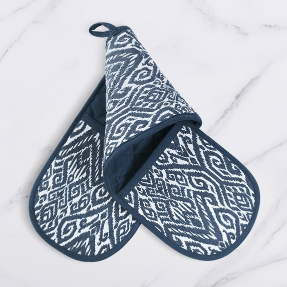 No. 918 Bettina Quilted Ikat Print Double Oven Mitt, Indigo Blue