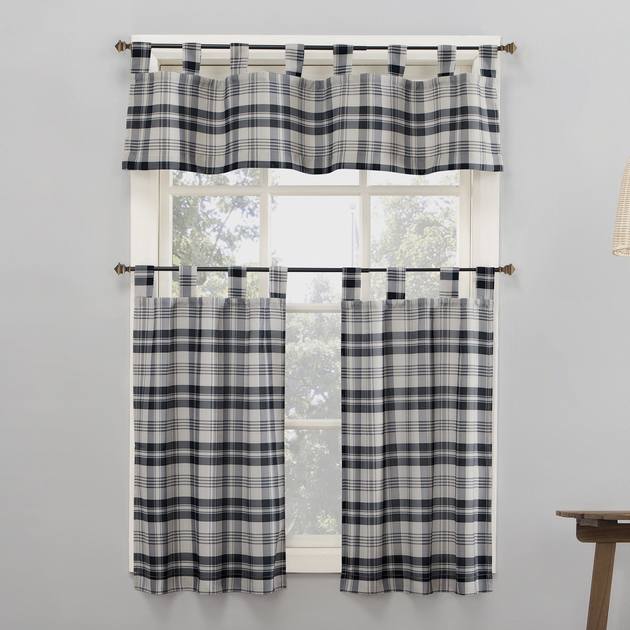 Trinity Buffalo Plaid Linen Blend Tab Top Kitchen Curtains