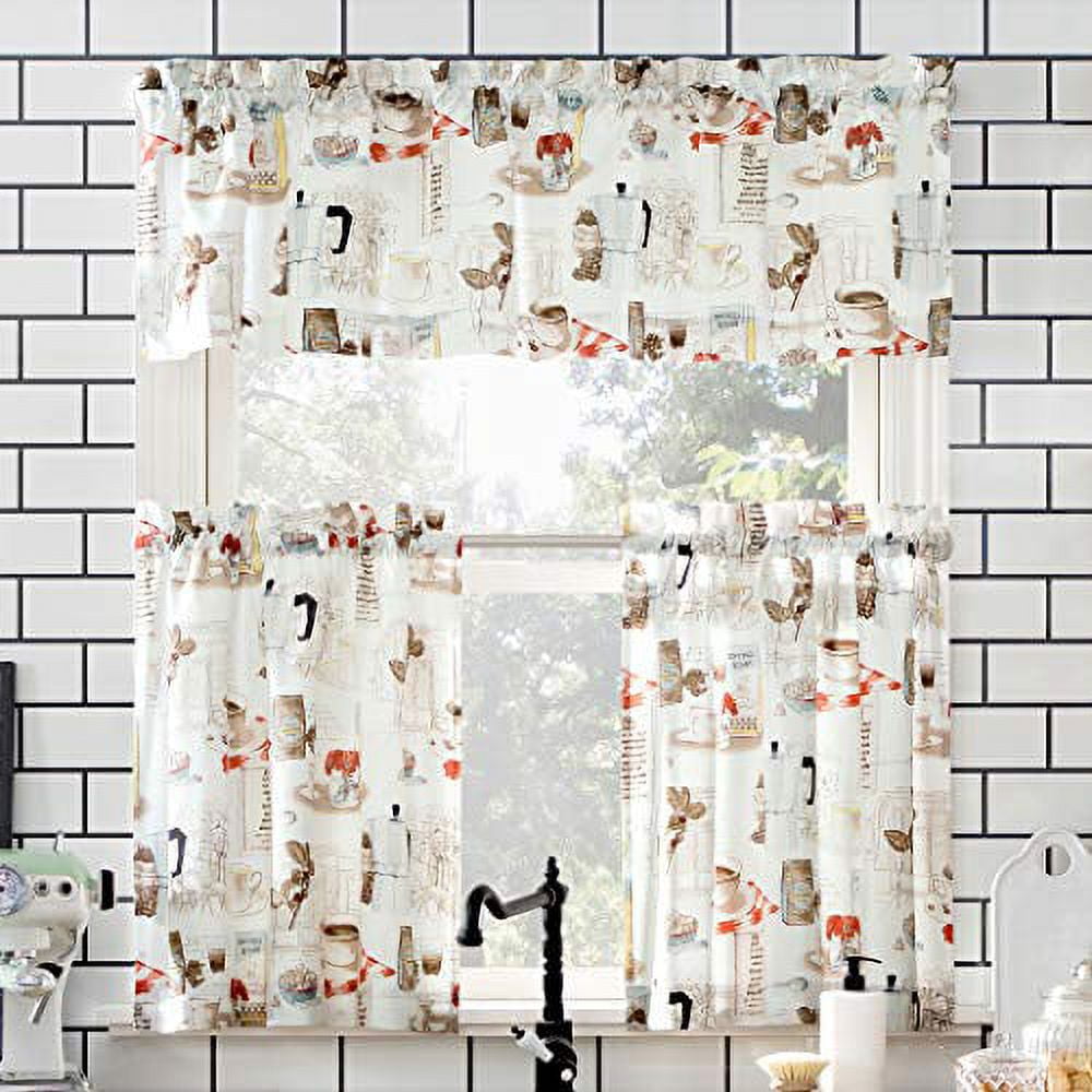 White Coffee Shop Themed Sheer Polyester Kitchen Curtain Set