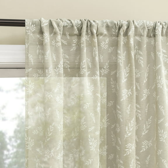 No. 918 Briarwood Delicate Leaf Textured Sheer Rod Pocket Curtain Panel, 50"W X 63"L, Taupe