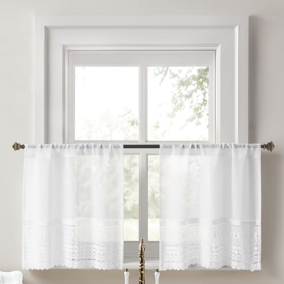 No. 918 Camille 2-pack Macrame Lace Trim Sheer Rod Pocket Kitchen Curtains, 26"W x 24"L