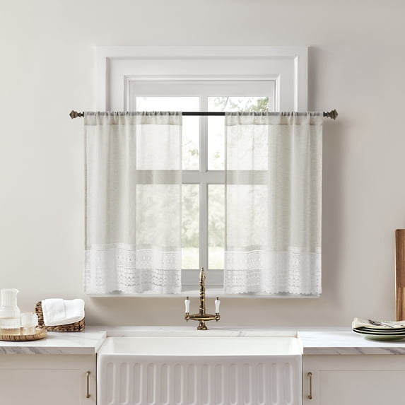 No. 918 Camille 2-pack Macrame Lace Trim Sheer Rod Pocket Kitchen Curtains, 26"W x 36"L