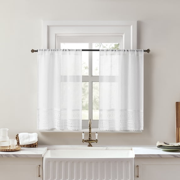 No. 918 Camille 2-pack Macrame Lace Trim Sheer Rod Pocket Kitchen Curtains, 26"W x 36"L