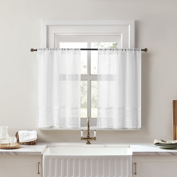 No. 918 Camille 2-pack Macrame Lace Trim Sheer Rod Pocket Kitchen Curtains, 26"W x 36"L