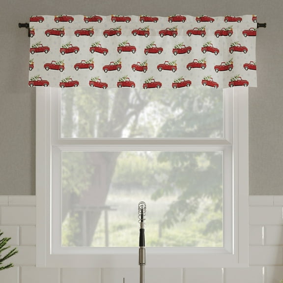 No. 918 Christmas Pickup Truck 1-Piece Semi-Sheer Rod Pocket Kitchen Curtains, 54"x14", Holiday Red