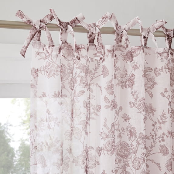 No. 918 Cillian 2-pack Floral Sheer Pre-Tied Bow Tab Top Curtain Panel Pair, 50"W x 96"L, Mauve