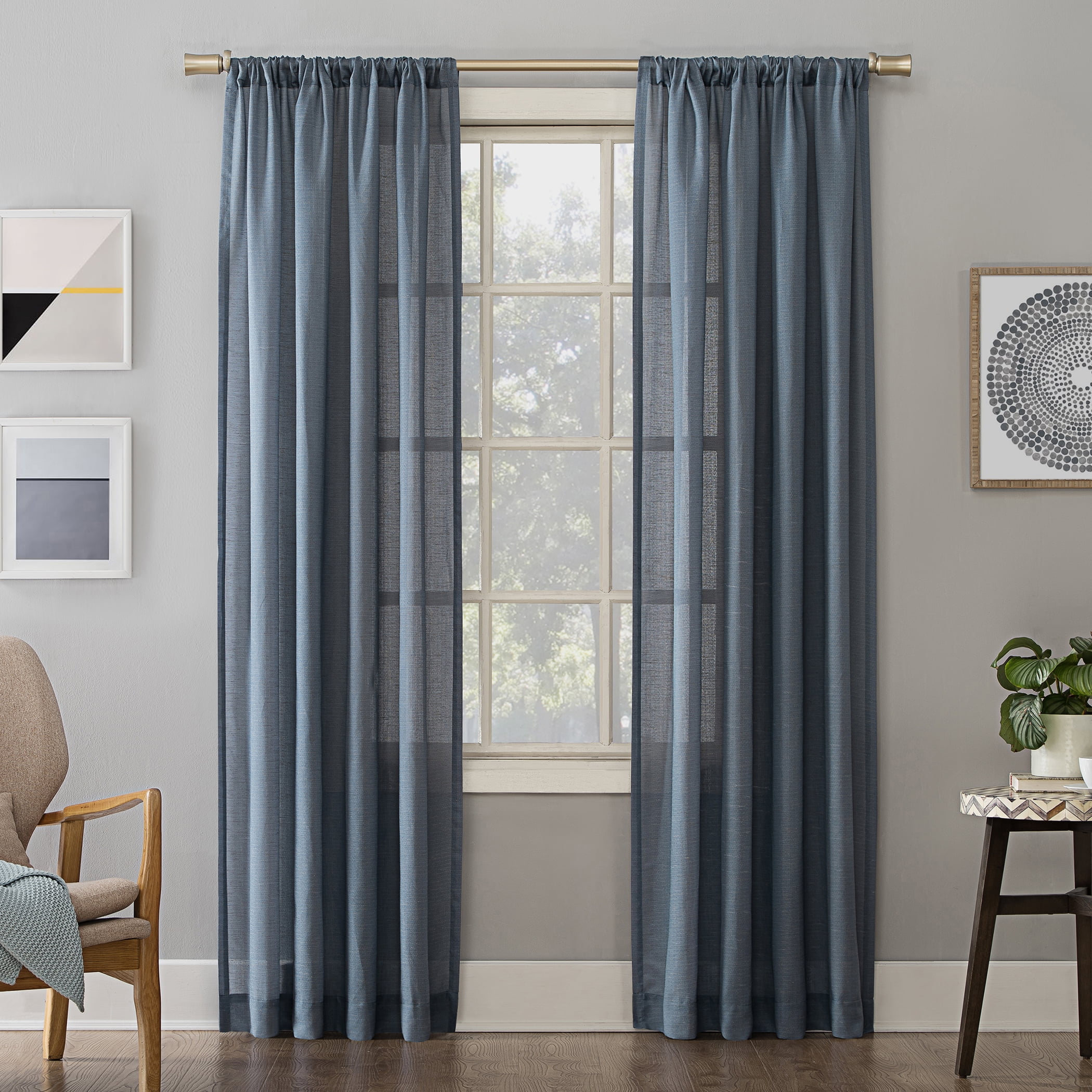 63" Denim Blue Linen Blend Semi-Sheer Rod Pocket Curtain Panel
