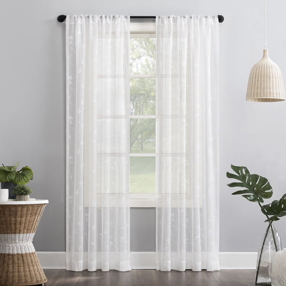 No. 918 Delia Embroidered Floral Sheer Rod Pocket Curtain Panel, 50"x63", Ivory