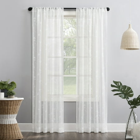 No. 918 Delia Embroidered Floral Sheer Rod Pocket Curtain Panel, 50"x84", Ivory