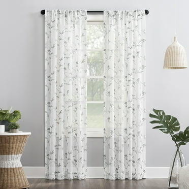 No. 918 Delia Embroidered Floral Sheer Rod Pocket Curtain Panel, 50"x84", White