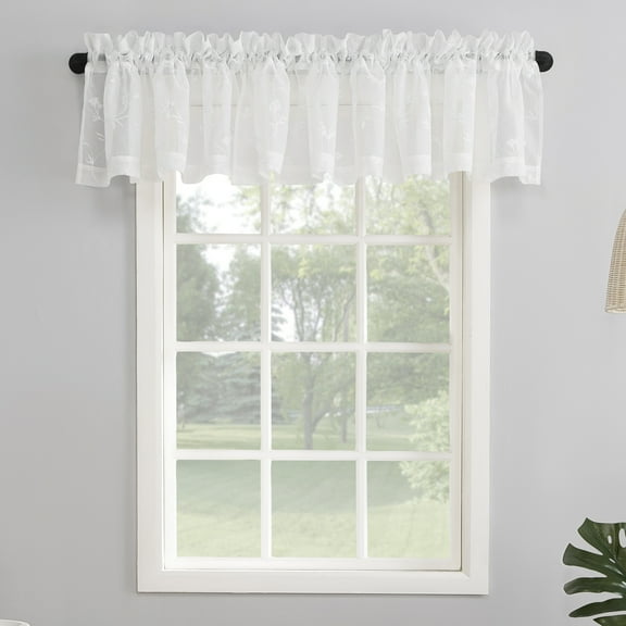 No. 918 Delia Embroidered Floral Sheer Rod Pocket Curtain Valance, 50"x17", Ivory