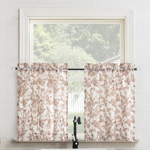 No. 918 Elara 2-Pack Tonal Botanical Semi-Sheer Rod Pocket Kitchen Curtains, 54"W X 24"L