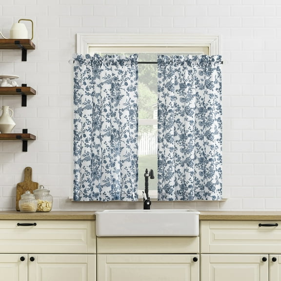 No. 918 Elara 2-Pack Tonal Botanical Semi-Sheer Rod Pocket Kitchen Curtains, 54"W X 36"L