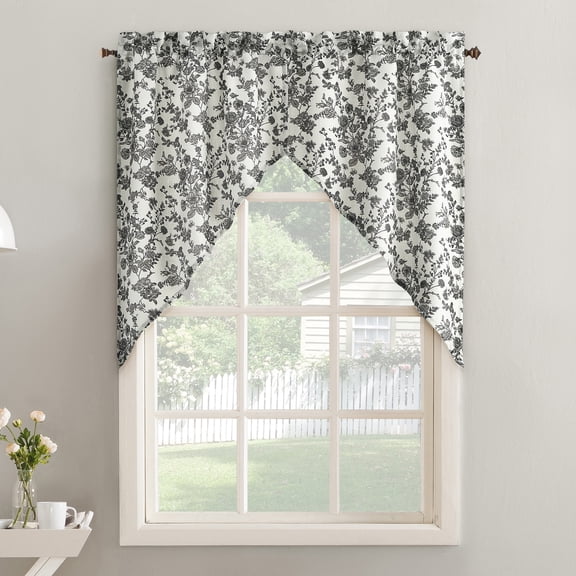 No. 918 Elara 2-pack Tonal Botanical Semi-Sheer Rod Pocket Kitchen Curtains, 27"W x 38"L