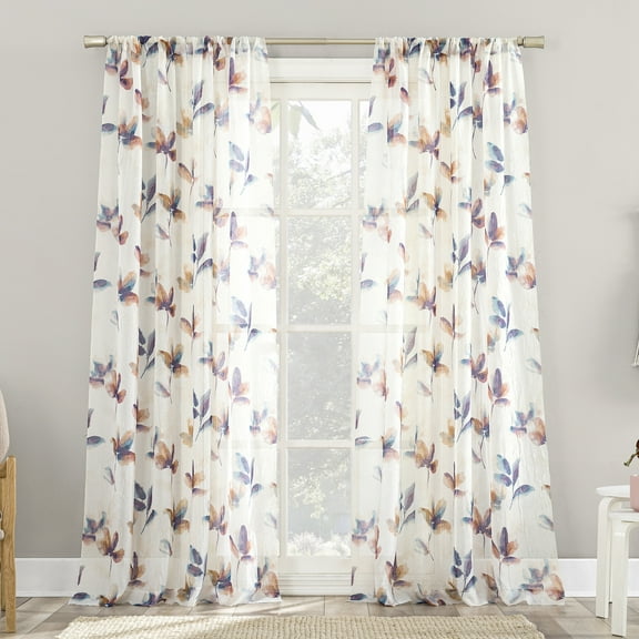 No.918 Ellie Floral Print Sheer Rod Pocket Curtain Panel, 51"x63", Multicolored