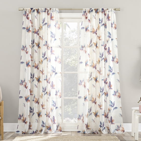 No.918 Ellie Floral Print Sheer Rod Pocket Curtain Panel, 51"x84", Multicolored