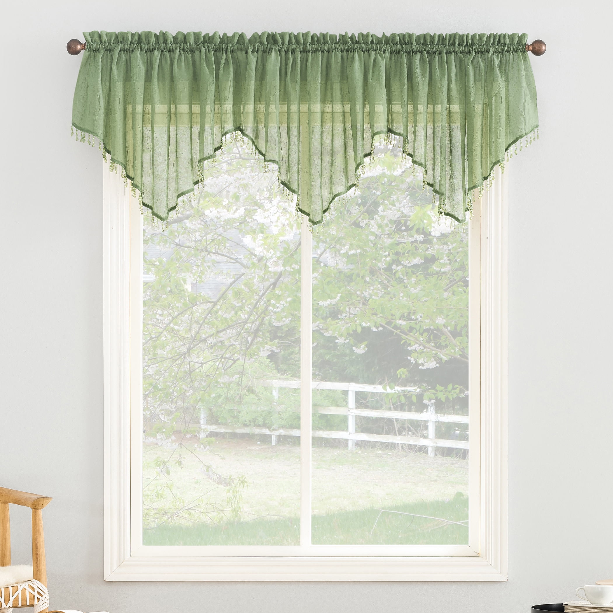No. 918 Jillian 1 Piece Crushed Voile Ascot Beaded Sheer Rod Pocket Curtain Valance 51 x24