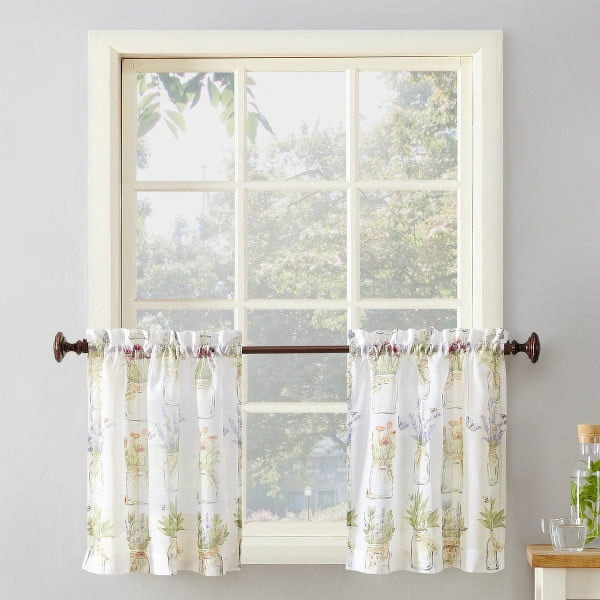 White Sheer Floral Polyester Kitchen Window Tier Curtains