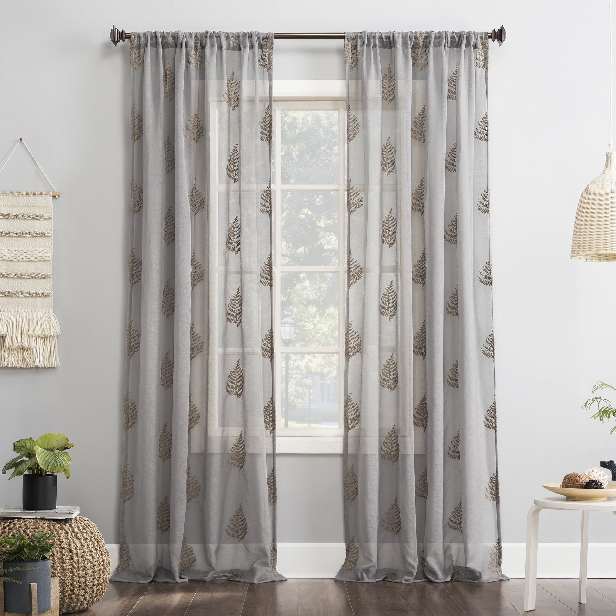 Gray Embroidered Fern Sheer Rod Pocket Curtain Panel 50" x 63"