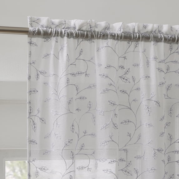 No. 918 Holly 2-pack Metallic Embroidery Christmas Sheer Rod Pocket Curtain Panel Pair, Silver, 37"W x 63"L (2 Panels)