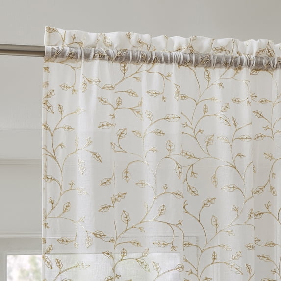 No. 918 Holly 2-pack Metallic Embroidery Christmas Sheer Rod Pocket Curtain Panel Pair, Gold, 37"W x 84"L (2 Panels)