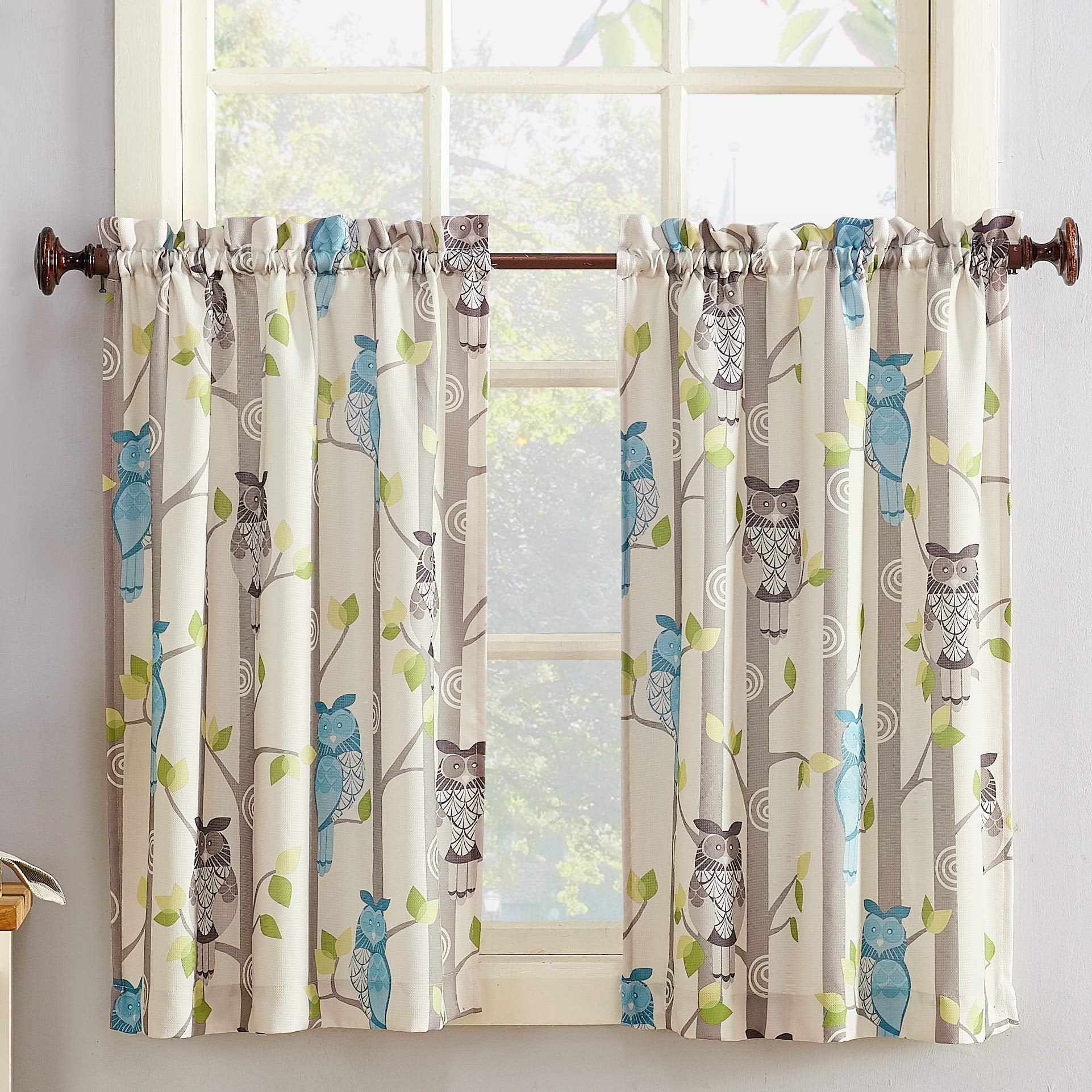 Blue Owl Print Light-Filtering Polyester Kitchen Curtain Tiers