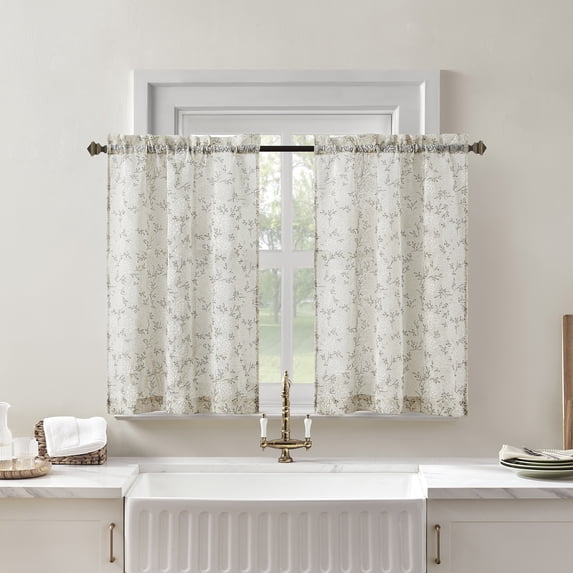 No. 918 Jacqueline 2-pack Tonal Floral Puff Print Semi-Sheer Rod Pocket Kitchen Curtains, 54"W x 36"L