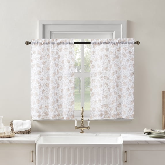 No. 918 Jacqueline 2-pack Tonal Floral Puff Print Semi-Sheer Rod Pocket Kitchen Curtains, 54"W x 36"L