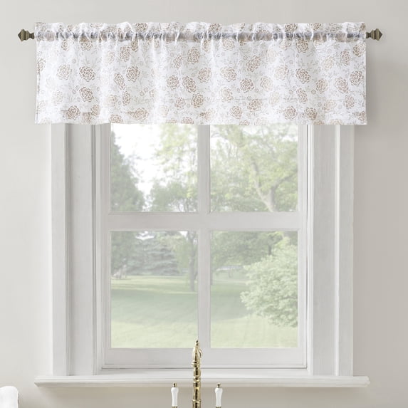 No. 918 Jacqueline Tonal Floral Puff Print Semi-Sheer Rod Pocket Kitchen Curtains, 54"W x 14"L
