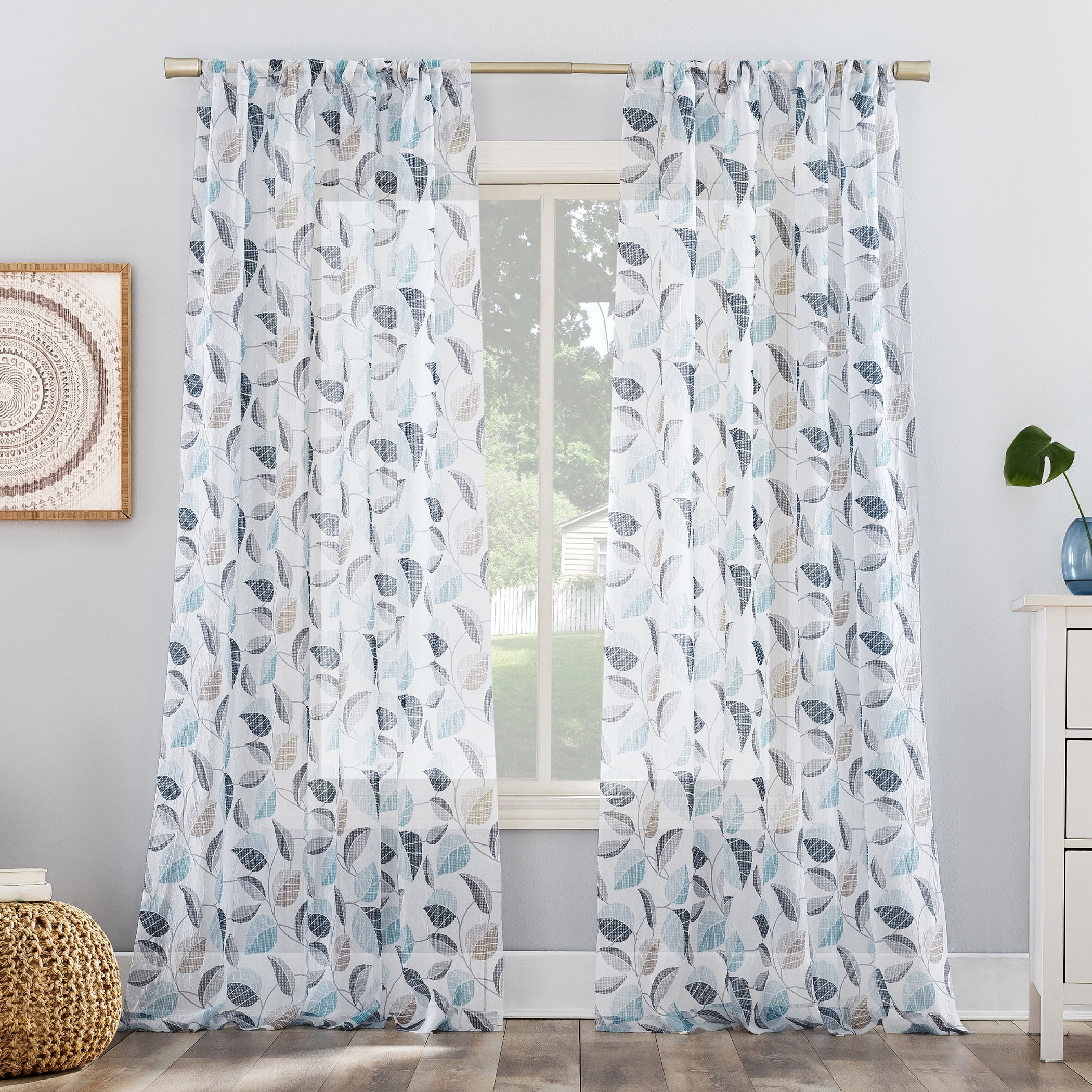 No. 918 Jamie Leaf Print Sheer Rod Pocket Curtain Panel, 51"x63", Multicolored