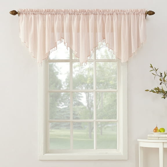 No. 918 Jillian Crushed Voile Ascot Beaded Sheer Rod Pocket Curtain Valance, 51"x24", Blush
