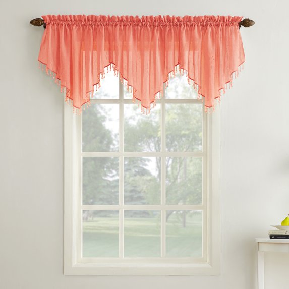 No. 918 Jillian Crushed Voile Ascot Beaded Sheer Valance, 51" x 24", Coral
