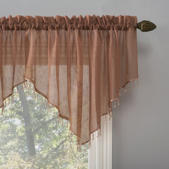 No. 918 Jillian Crushed Voile Ascot Beaded Sheer Valance, 51"x24", Cedar