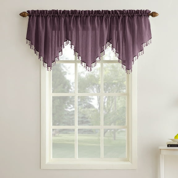 No. 918 Jillian Crushed Voile Ascot Beaded Sheer Valance, 51"x24", Purple