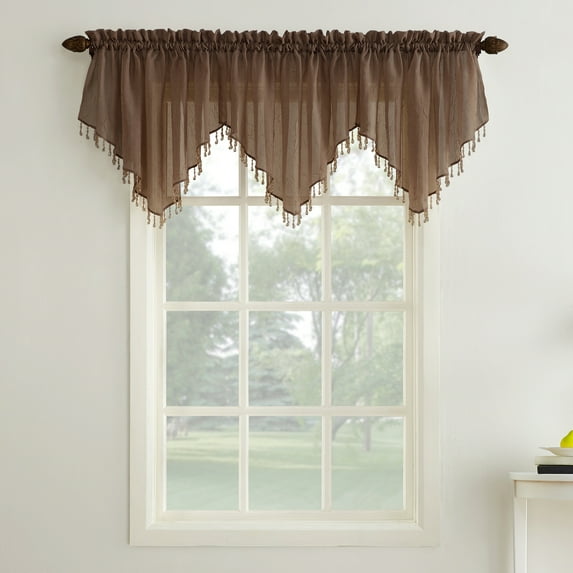 No. 918 Jillian Crushed Voile Ascot Beaded Sheer Valance, 51"x24", Chocolate