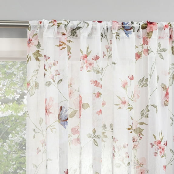 No. 918 Jocelyn Floral Print Crushed Voile Sheer Rod Pocket Curtain Panel, 51"W x 84"L, Coral