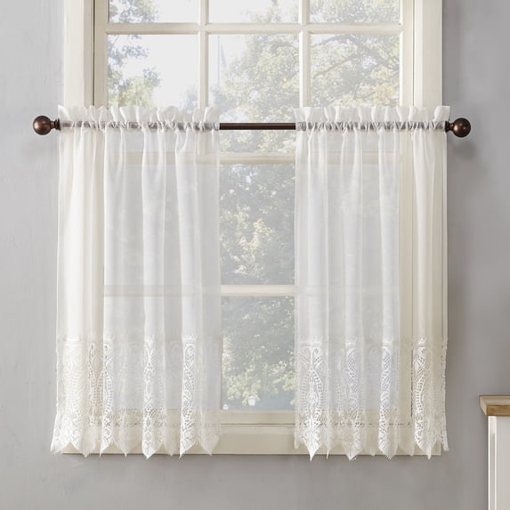 No. 918 Joy Macrame Lace Trim Semi-Sheer 60" x 15" Rod Pocket Kitchen Curtains, Adult