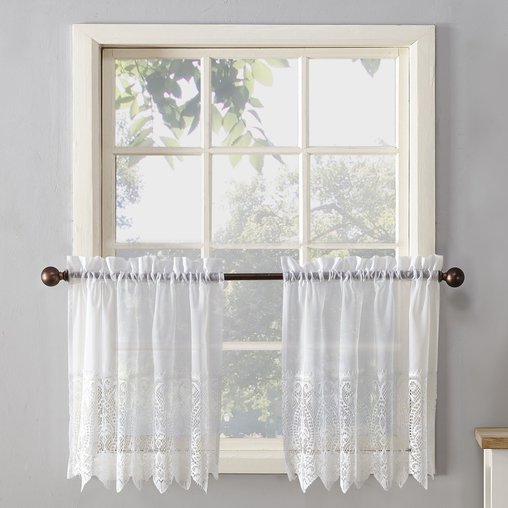 No. 918 Joy Macrame Lace Trim Semi-Sheer 60" x 24"" Rod Pocket Kitchen Curtains, Adult