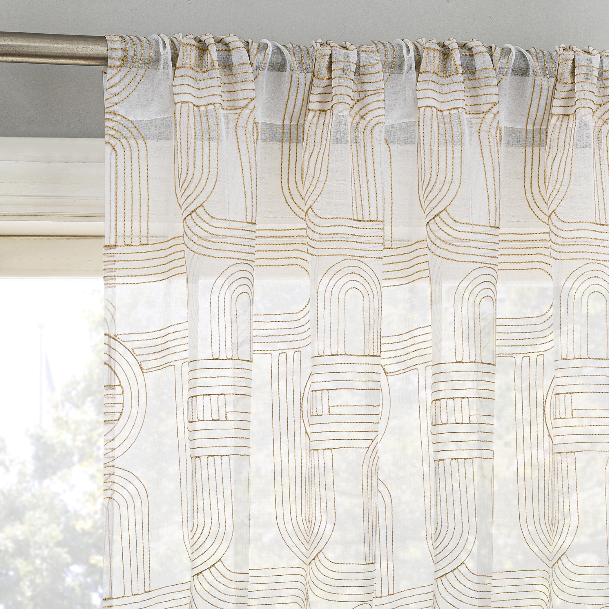 Champagne Sheer Embroidered Polyester Rod Pocket Curtain Panel, 50" x 63"