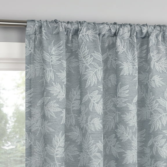No. 918 Koda Woven Jacquard Leaf Semi-Sheer Rod Pocket Curtain Panel, 50"W X 63"L, Denim Blue
